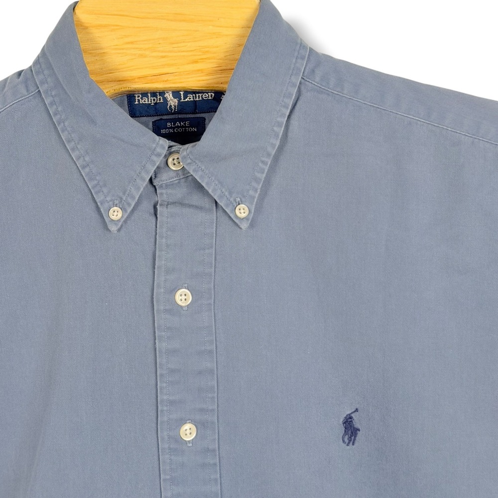 Vintage Ralph Lauren Button Down Men L Blue Blake Heavy Cotton Faded Shirt Pony